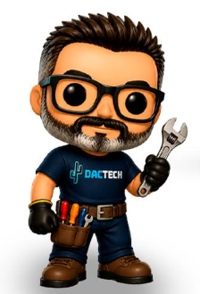 Mascote da DAC Tech: técnico com chave inglesa e cinto de ferramentas